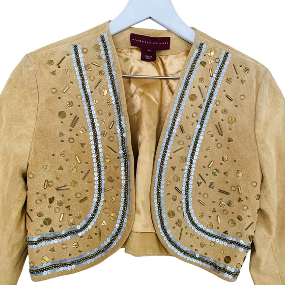 Margaret Godfrey Boho Beaded Sequin Genuine Suede Leather Bolero Cropped Jacket - Picture 4 of 10
